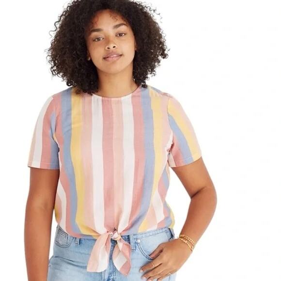 Madewell Multicolor Stripe Tie-Front Cotton Top Size M - Picture 1 of 6